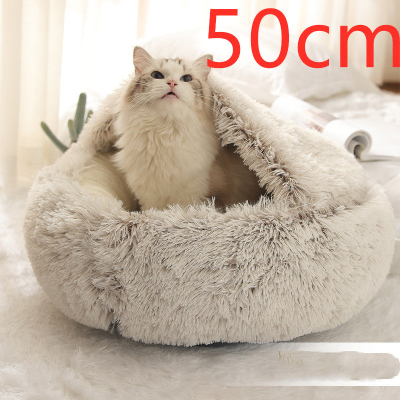 2-in-1 Round Plush Pet Bed – Warm Winter Cat & Dog Nest House