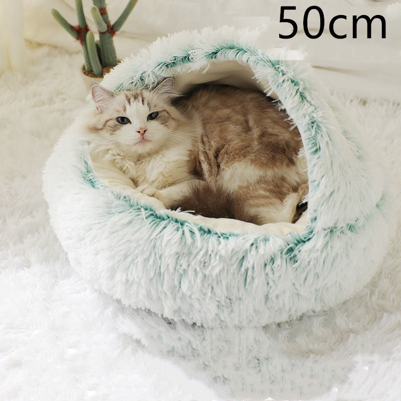 2-in-1 Round Plush Pet Bed – Warm Winter Cat & Dog Nest House