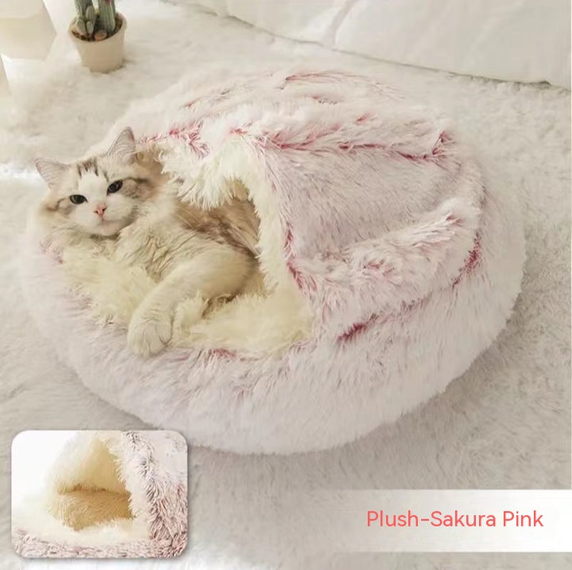 2-in-1 Round Plush Pet Bed – Warm Winter Cat & Dog Nest House