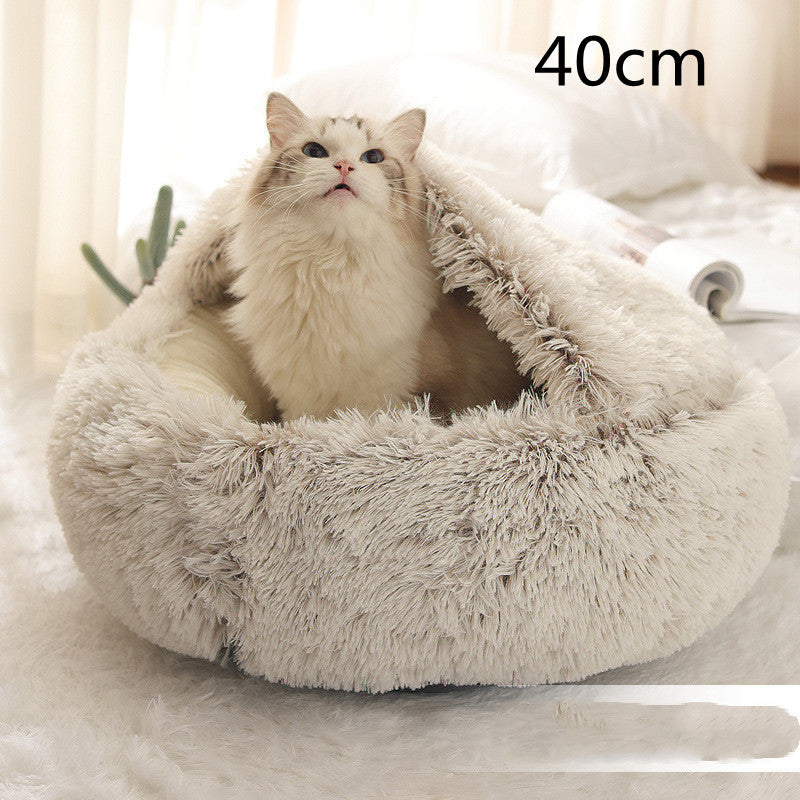 2-in-1 Round Plush Pet Bed – Warm Winter Cat & Dog Nest House
