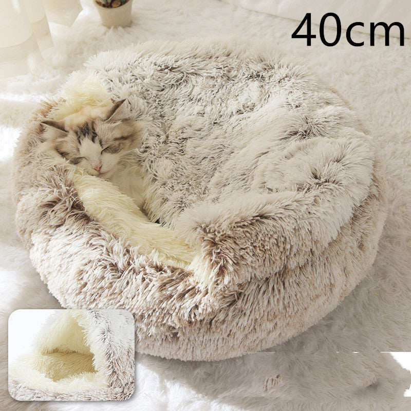 2-in-1 Round Plush Pet Bed – Warm Winter Cat & Dog Nest House