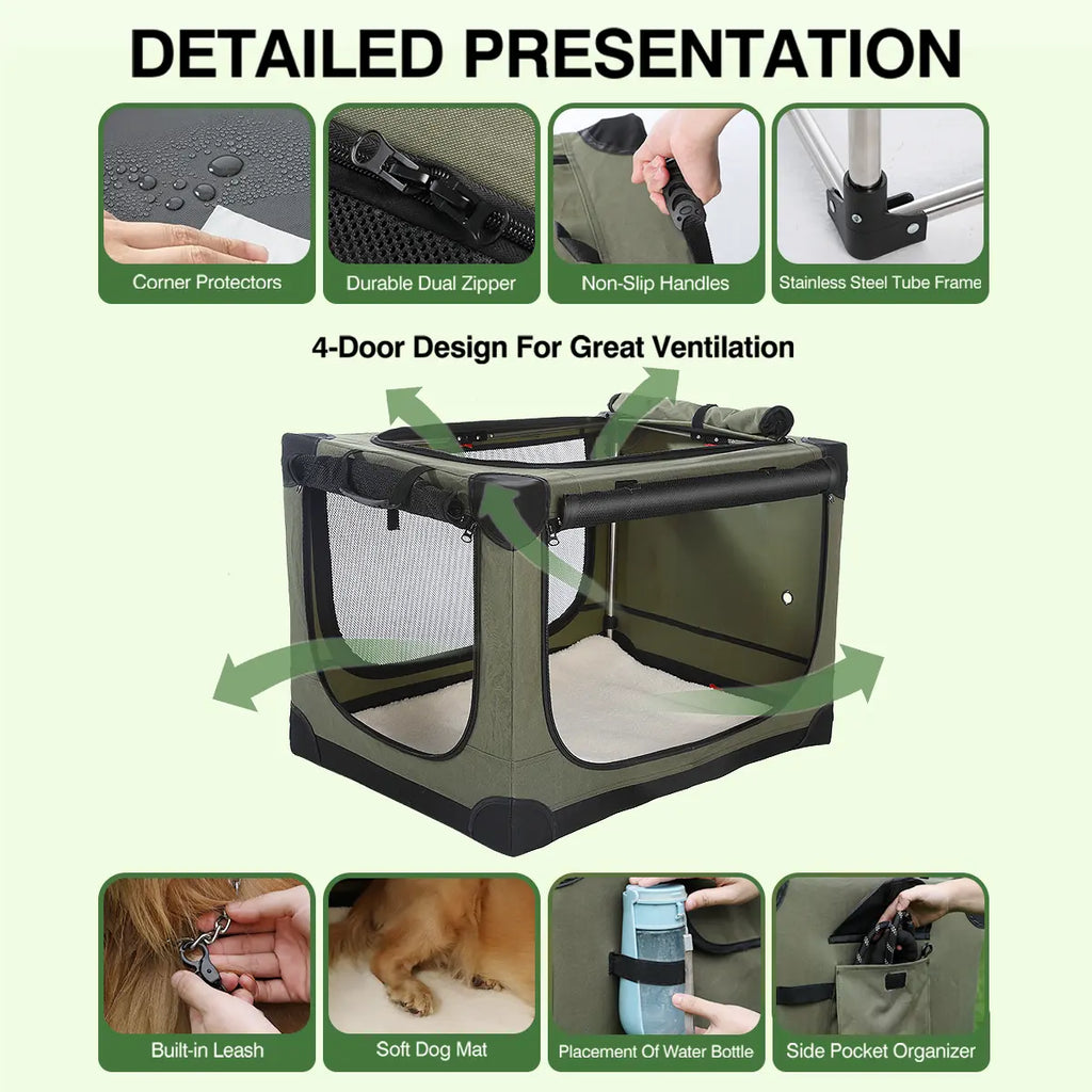 Collapsible Soft Dog Crate – 4-Door Portable Travel Kennel for Medium & Large Dogs (Up to 60 lbs)