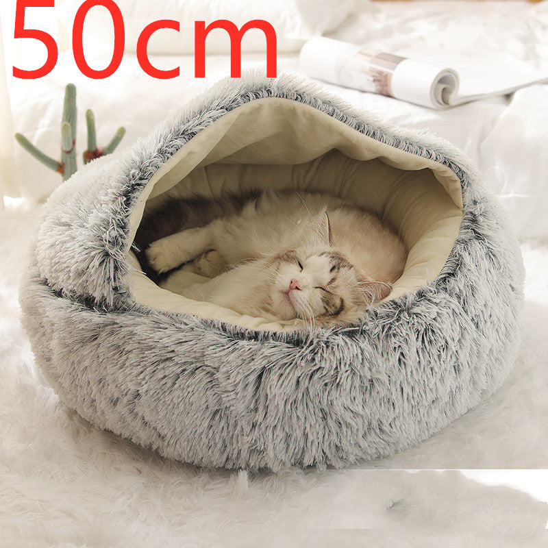 2-in-1 Round Plush Pet Bed – Warm Winter Cat & Dog Nest House
