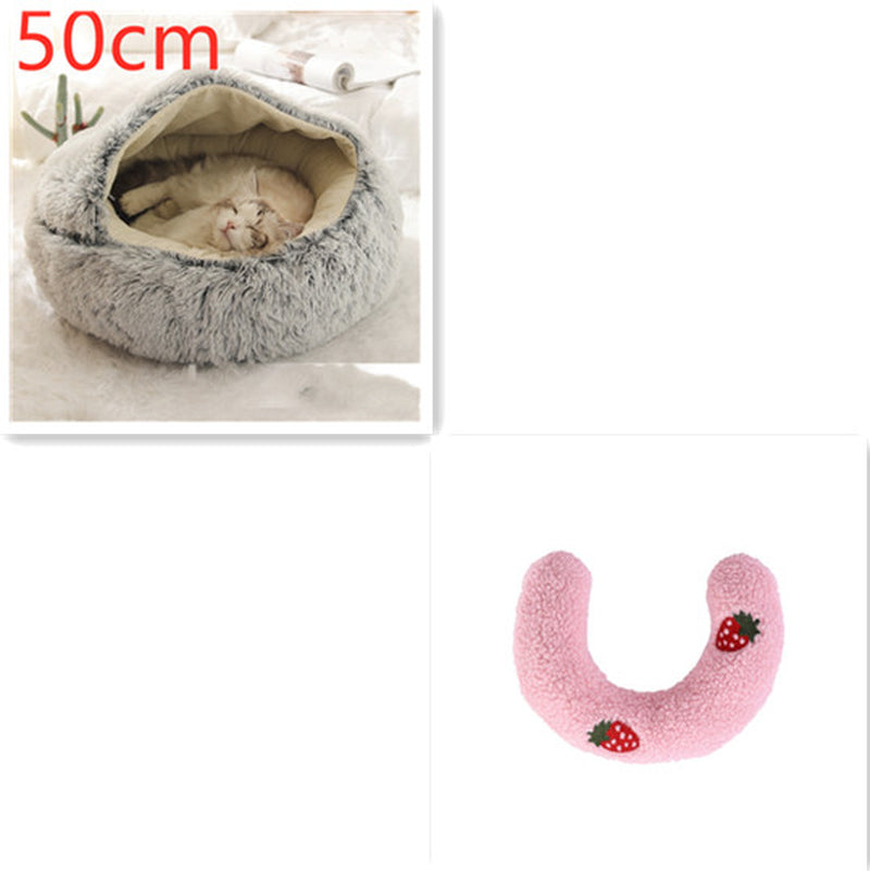 2-in-1 Round Plush Pet Bed – Warm Winter Cat & Dog Nest House