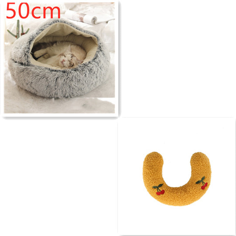 2-in-1 Round Plush Pet Bed – Warm Winter Cat & Dog Nest House