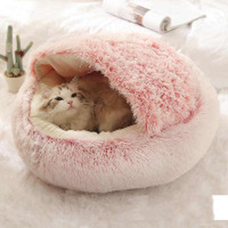 2-in-1 Round Plush Pet Bed – Warm Winter Cat & Dog Nest House