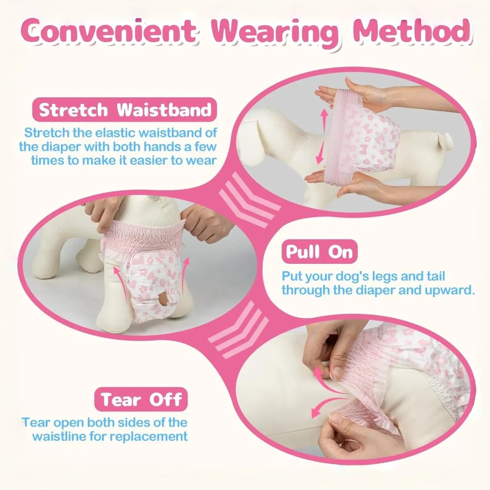 Disposable Female Dog Diapers – 360° Stretchy Waist, Leak-Proof, Super-Absorbent, Rapid-Dry Pet Diapers for Heat Cycle