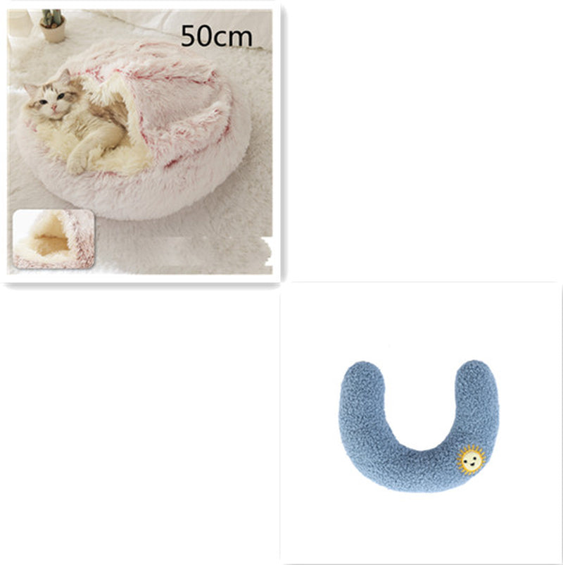 2-in-1 Round Plush Pet Bed – Warm Winter Cat & Dog Nest House