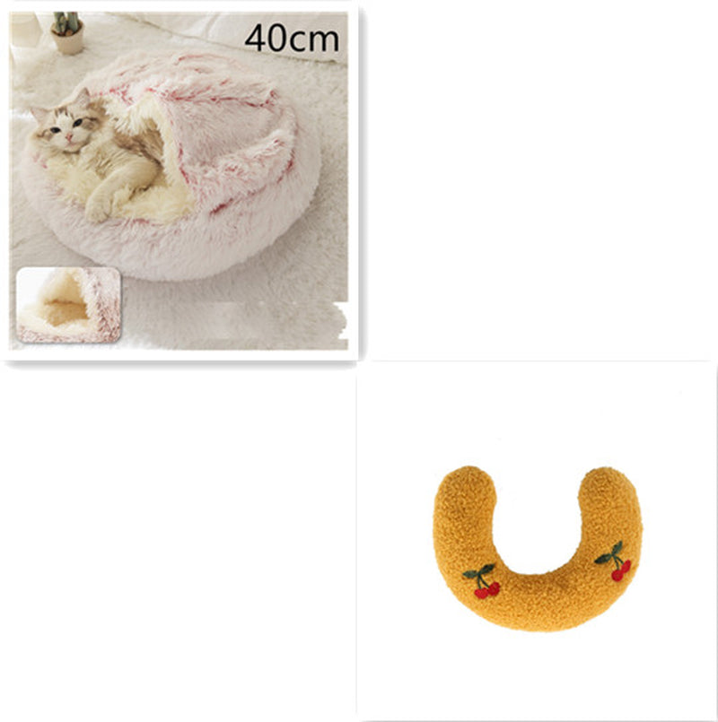 2-in-1 Round Plush Pet Bed – Warm Winter Cat & Dog Nest House