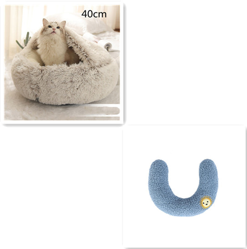 2-in-1 Round Plush Pet Bed – Warm Winter Cat & Dog Nest House