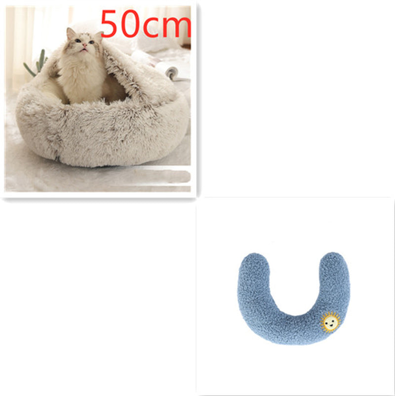 2-in-1 Round Plush Pet Bed – Warm Winter Cat & Dog Nest House