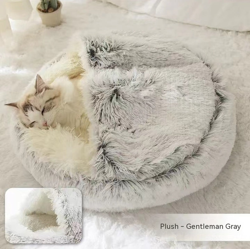 2-in-1 Round Plush Pet Bed – Warm Winter Cat & Dog Nest House