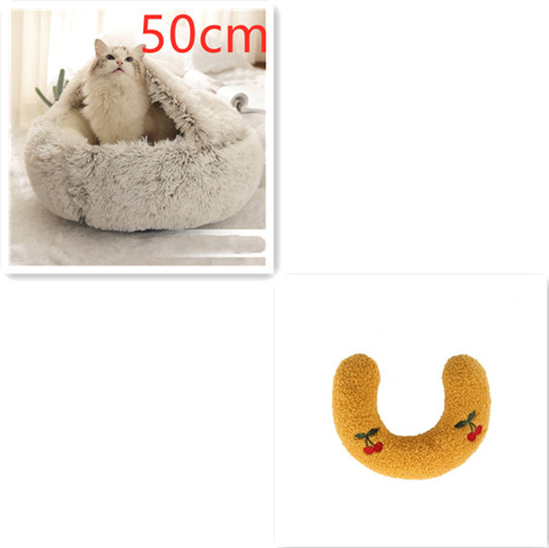 2-in-1 Round Plush Pet Bed – Warm Winter Cat & Dog Nest House