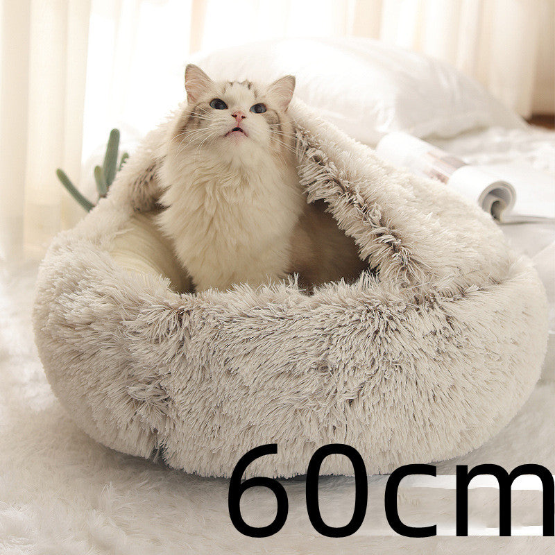 2-in-1 Round Plush Pet Bed – Warm Winter Cat & Dog Nest House