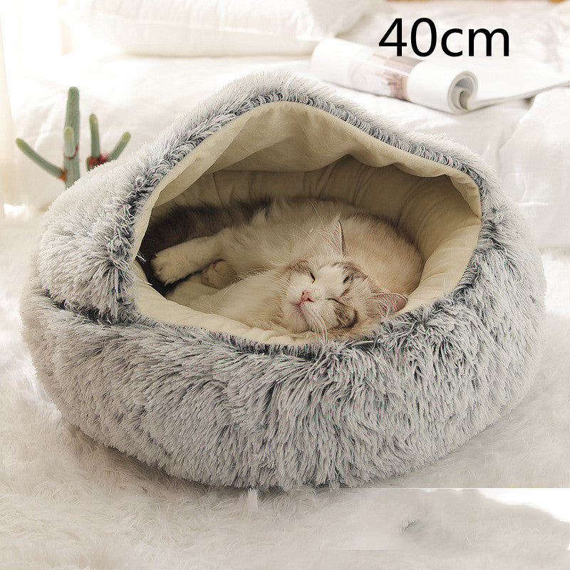 2-in-1 Round Plush Pet Bed – Warm Winter Cat & Dog Nest House