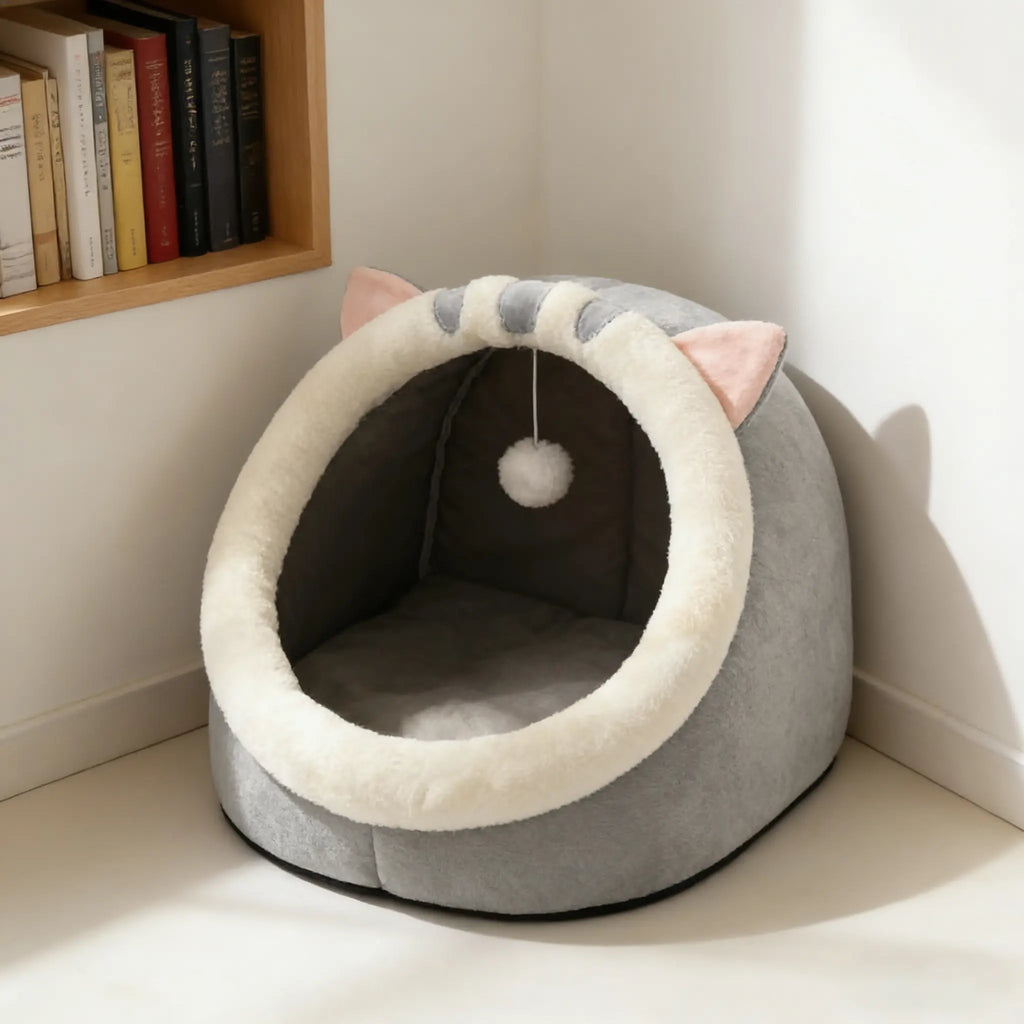 Cozy Cat Cave Bed – Plush Enclosed Kitten House, Warm & Washable Hideaway