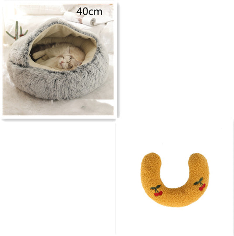 2-in-1 Round Plush Pet Bed – Warm Winter Cat & Dog Nest House