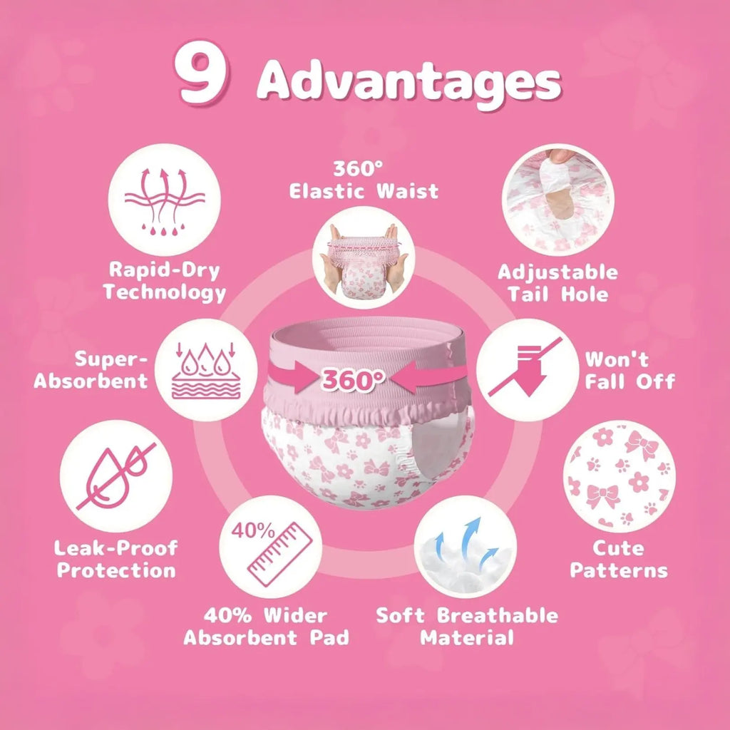 Disposable Female Dog Diapers – 360° Stretchy Waist, Leak-Proof, Super-Absorbent, Rapid-Dry Pet Diapers for Heat Cycle