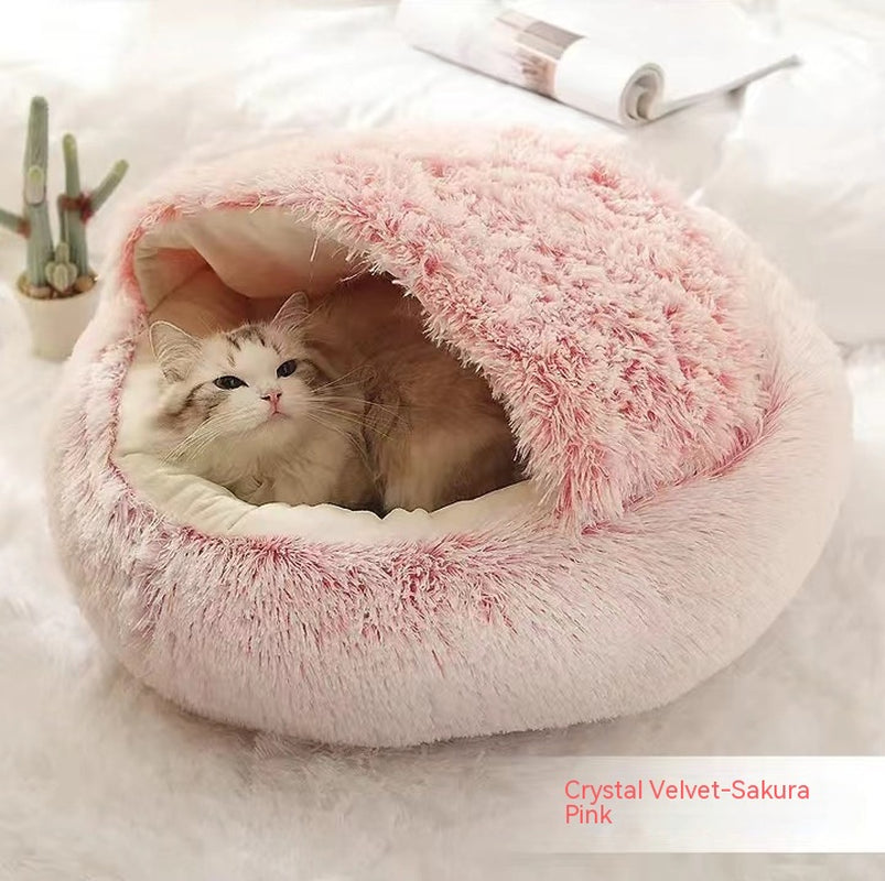 2-in-1 Round Plush Pet Bed – Warm Winter Cat & Dog Nest House