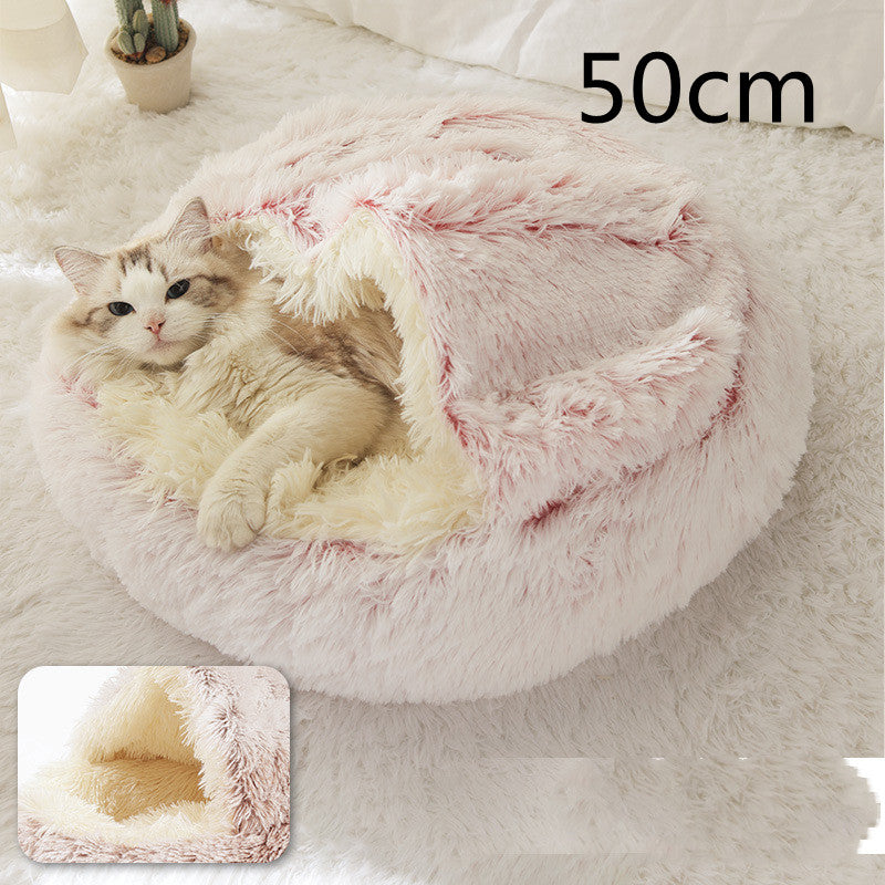 2-in-1 Round Plush Pet Bed – Warm Winter Cat & Dog Nest House