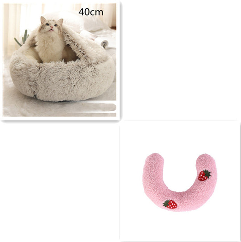 2-in-1 Round Plush Pet Bed – Warm Winter Cat & Dog Nest House