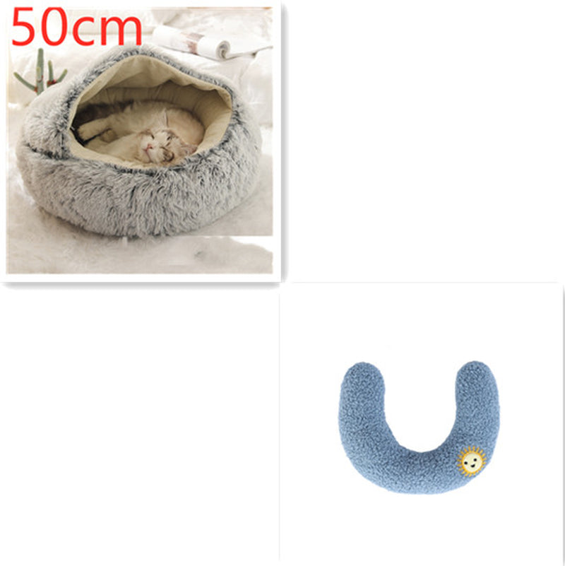 2-in-1 Round Plush Pet Bed – Warm Winter Cat & Dog Nest House
