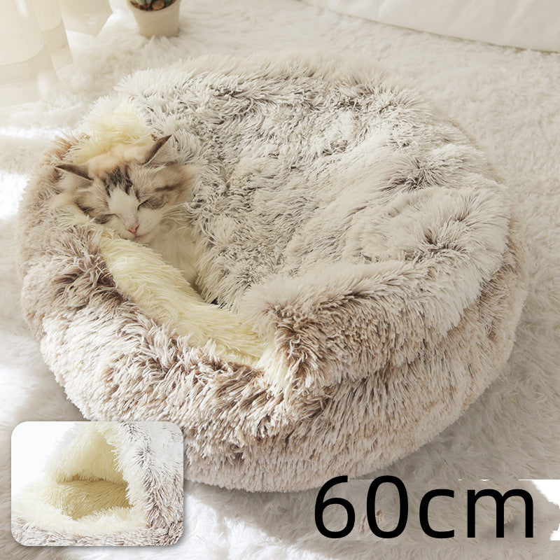 2-in-1 Round Plush Pet Bed – Warm Winter Cat & Dog Nest House