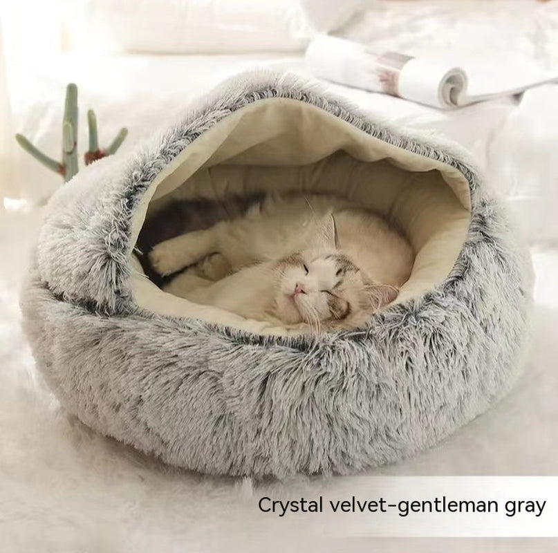 2-in-1 Round Plush Pet Bed – Warm Winter Cat & Dog Nest House