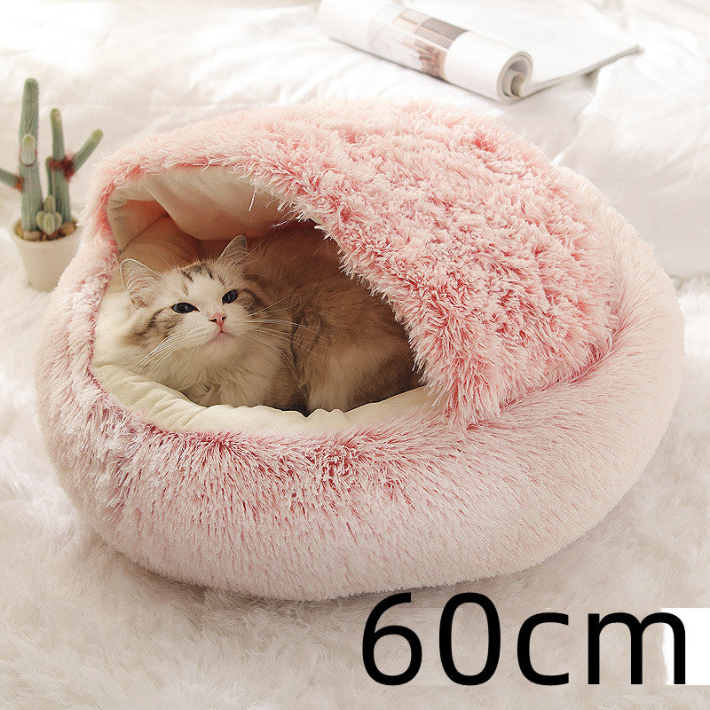 2-in-1 Round Plush Pet Bed – Warm Winter Cat & Dog Nest House