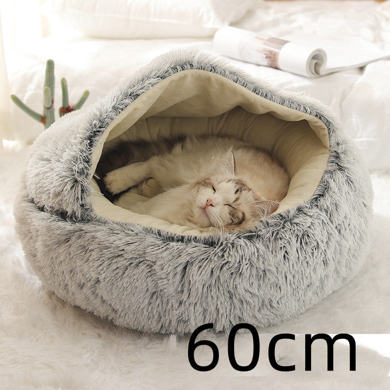 2-in-1 Round Plush Pet Bed – Warm Winter Cat & Dog Nest House