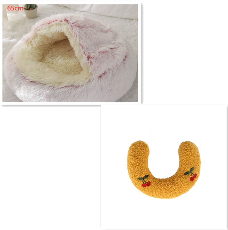 2-in-1 Round Plush Pet Bed – Warm Winter Cat & Dog Nest House