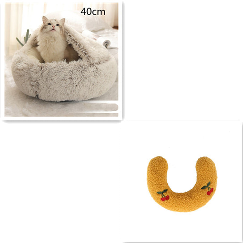 2-in-1 Round Plush Pet Bed – Warm Winter Cat & Dog Nest House