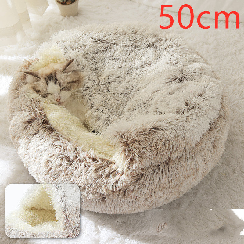 2-in-1 Round Plush Pet Bed – Warm Winter Cat & Dog Nest House