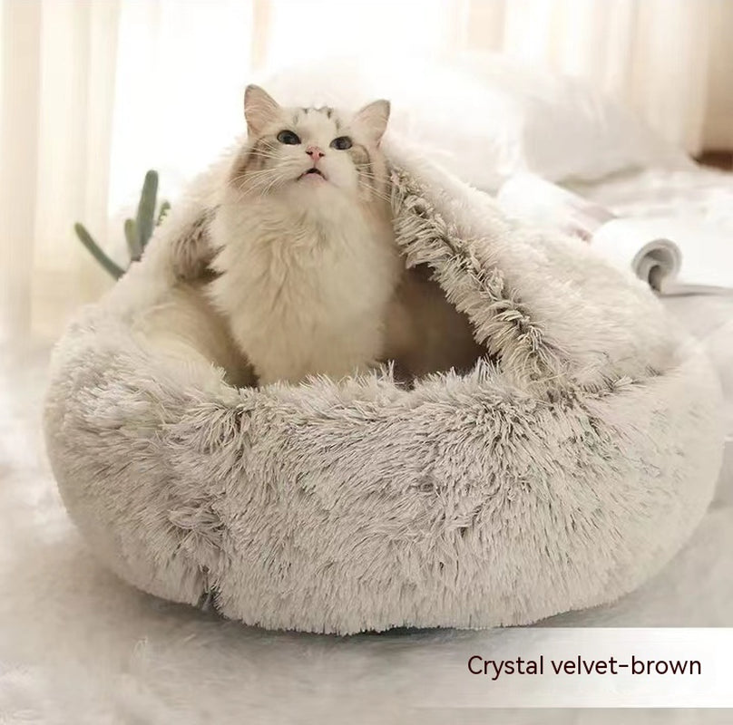 2-in-1 Round Plush Pet Bed – Warm Winter Cat & Dog Nest House