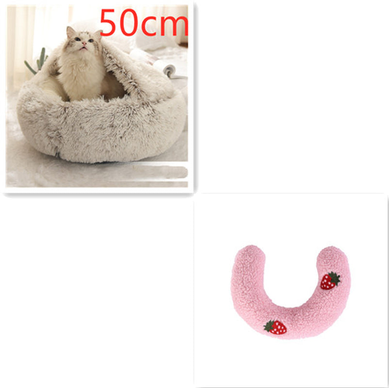 2-in-1 Round Plush Pet Bed – Warm Winter Cat & Dog Nest House