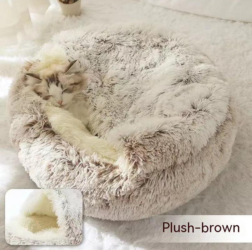 2-in-1 Round Plush Pet Bed – Warm Winter Cat & Dog Nest House